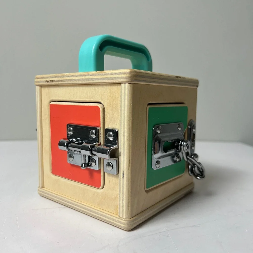 Lovevery Lockbox Toy Toddler OS Tan Montessori Wooden Latches Activity Cube Box